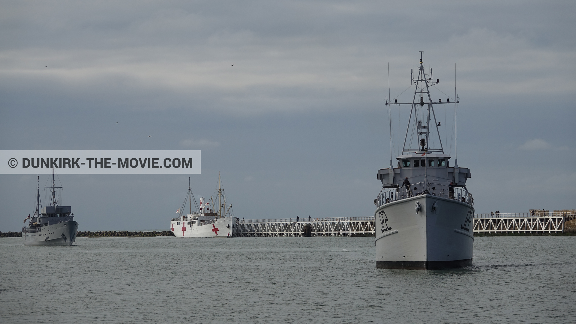 Picture with boat, cloudy sky, H11 - MLV Castor, J22 -Hr.Ms. Naaldwijk, EST pier, calm sea, M/S Rogaland,  from behind the scene of the Dunkirk movie by Nolan