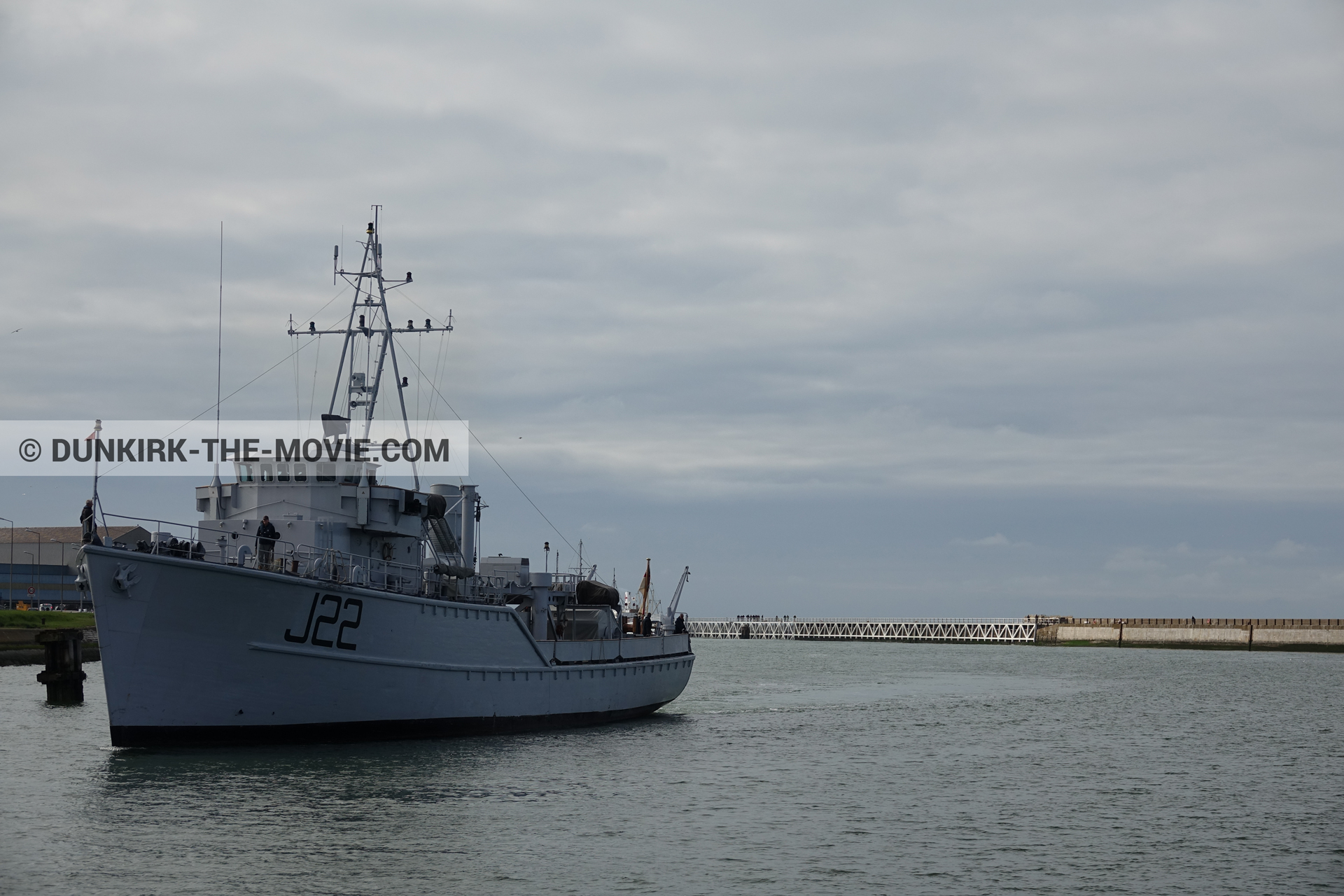 Picture with cloudy sky, J22 -Hr.Ms. Naaldwijk, EST pier, calm sea,  from behind the scene of the Dunkirk movie by Nolan