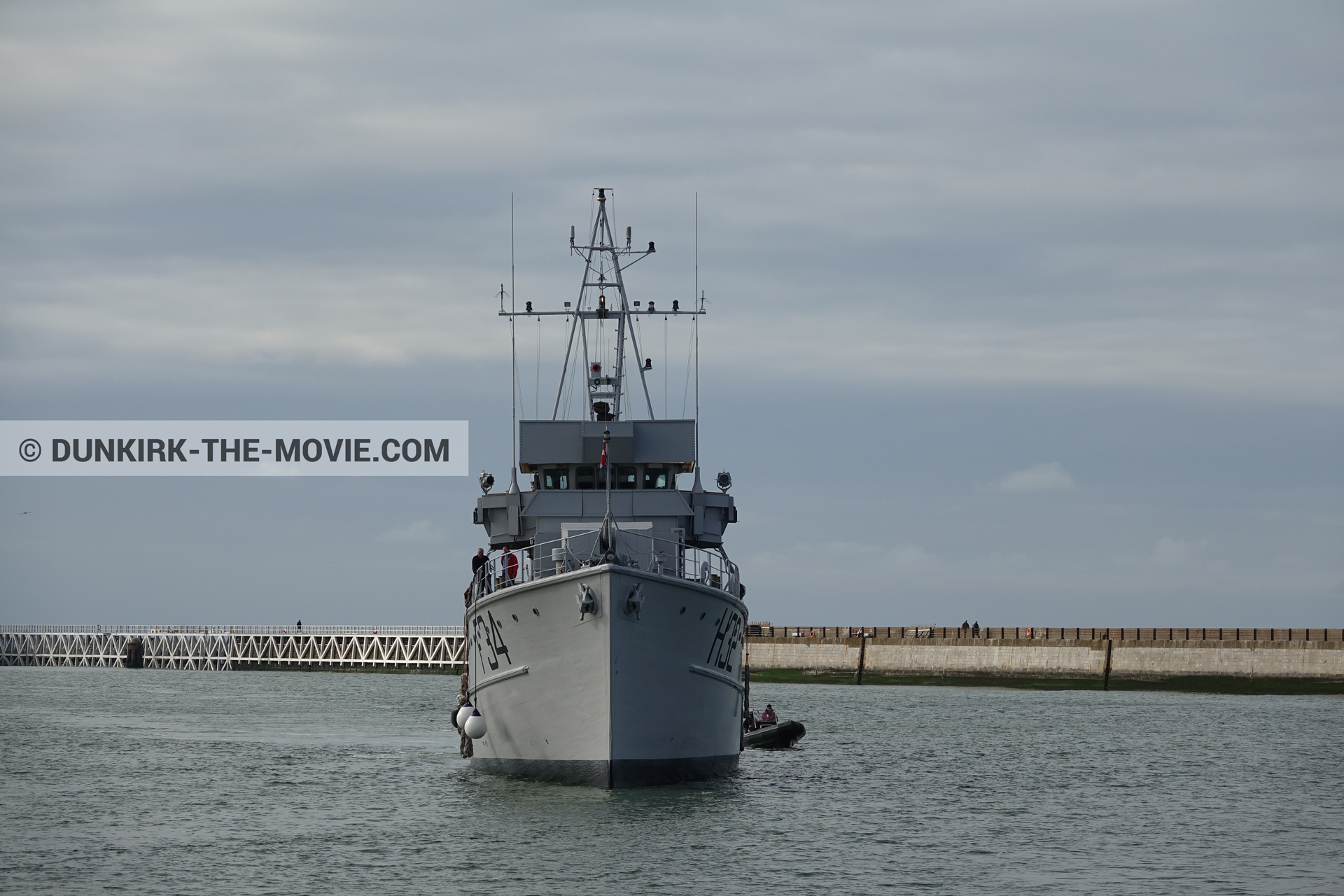 Picture with cloudy sky, F34 - Hr.Ms. Sittard, H32 - Hr.Ms. Sittard, EST pier, calm sea,  from behind the scene of the Dunkirk movie by Nolan