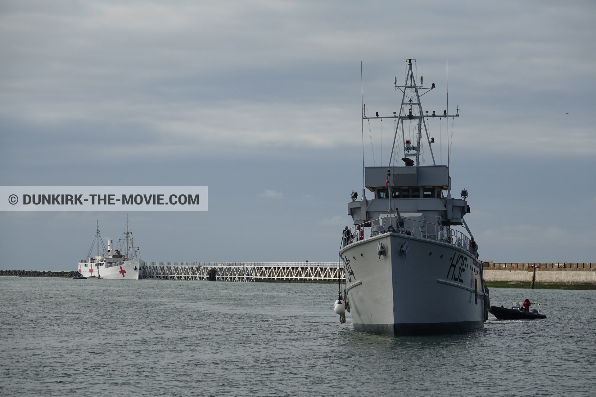 Picture with cloudy sky, F34 - Hr.Ms. Sittard, H32 - Hr.Ms. Sittard, EST pier, calm sea, M/S Rogaland,  from behind the scene of the Dunkirk movie by Nolan