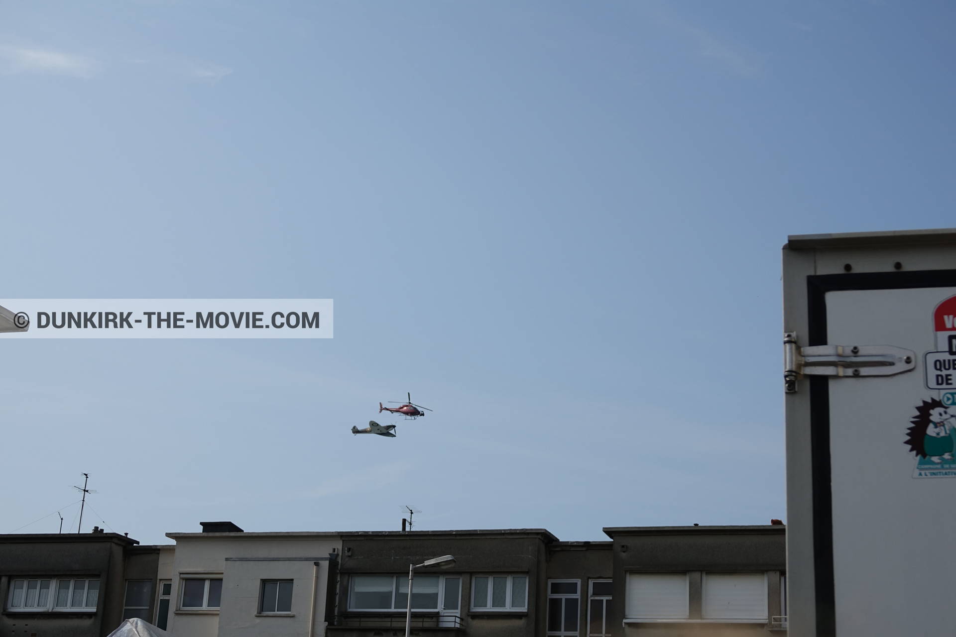 Picture with plane, helicopter camera, Malo les Bains, blue sky,  from behind the scene of the Dunkirk movie by Nolan