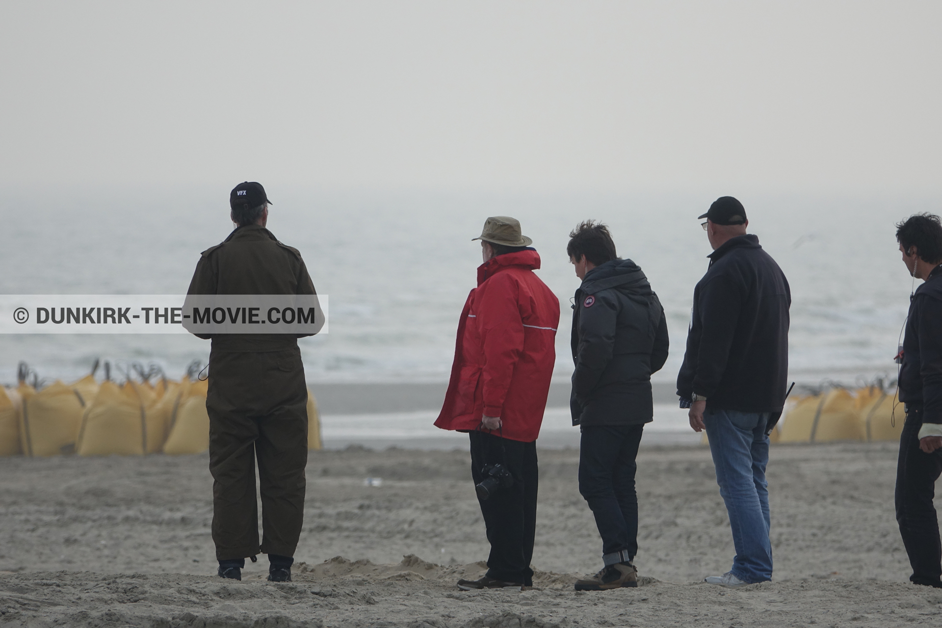 Picture with beach, technical team,  from behind the scene of the Dunkirk movie by Nolan