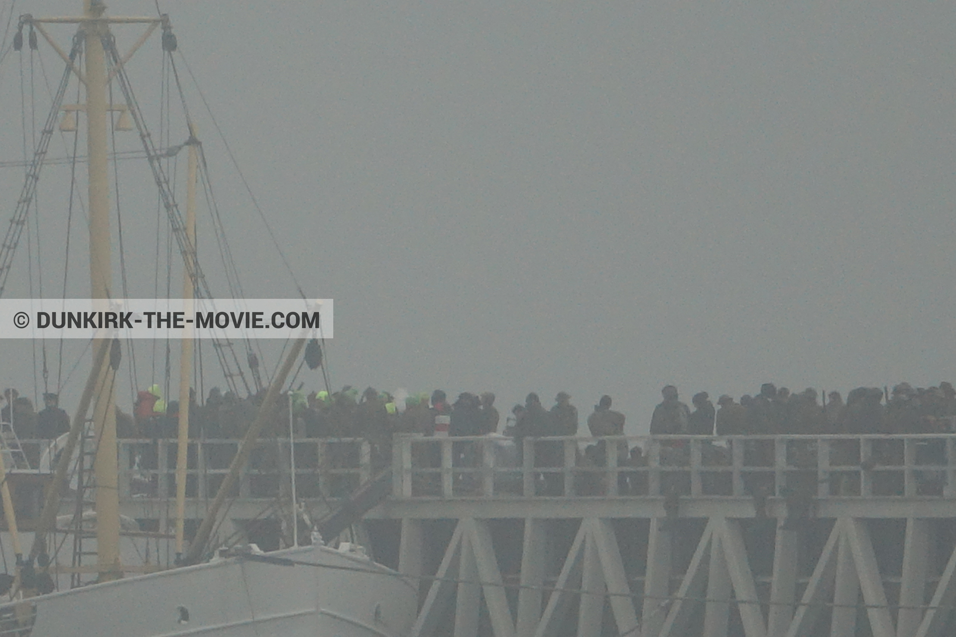 Picture with grey sky, supernumeraries, EST pier, M/S Rogaland,  from behind the scene of the Dunkirk movie by Nolan