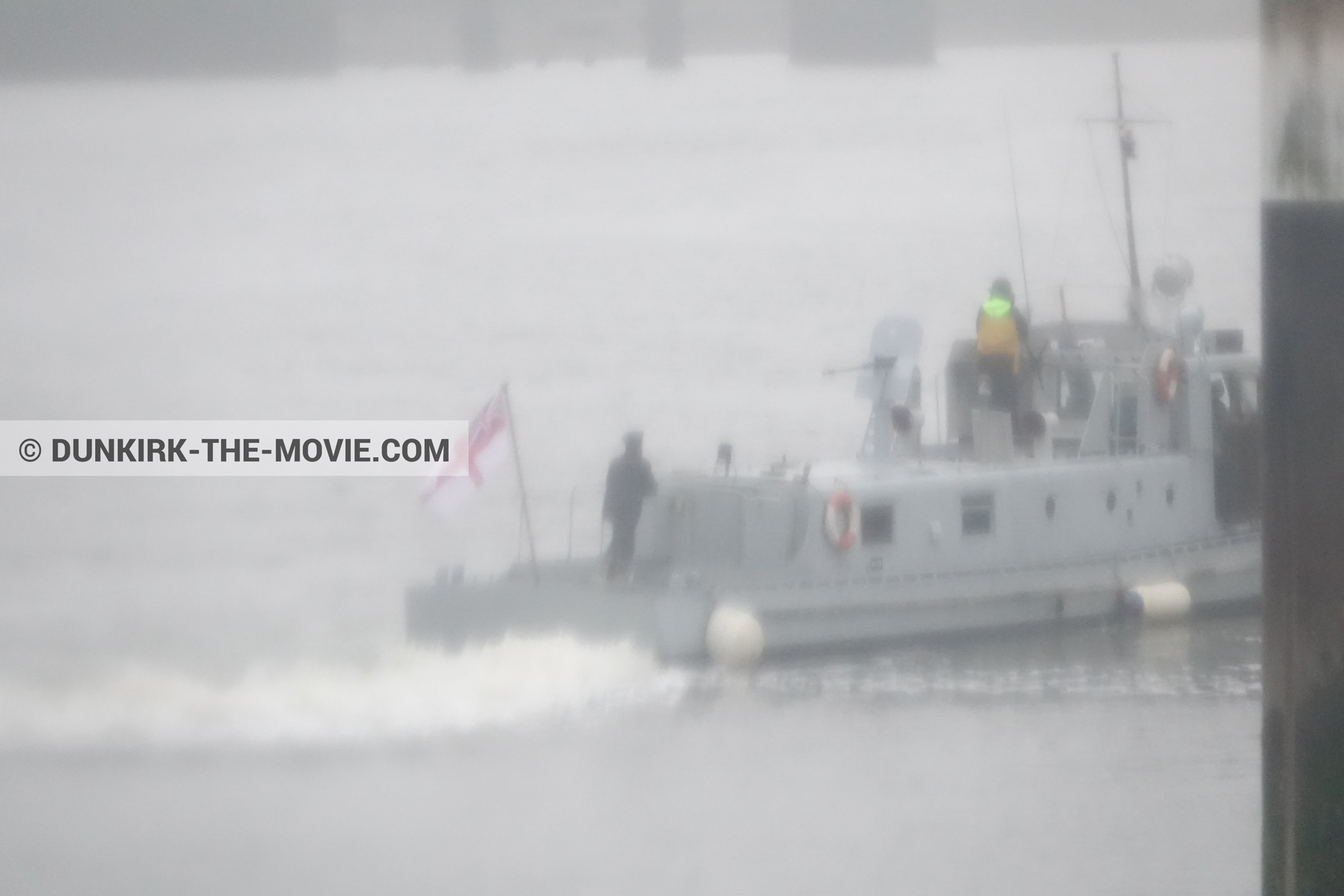 Picture with boat, grey sky, PR 22,  from behind the scene of the Dunkirk movie by Nolan
