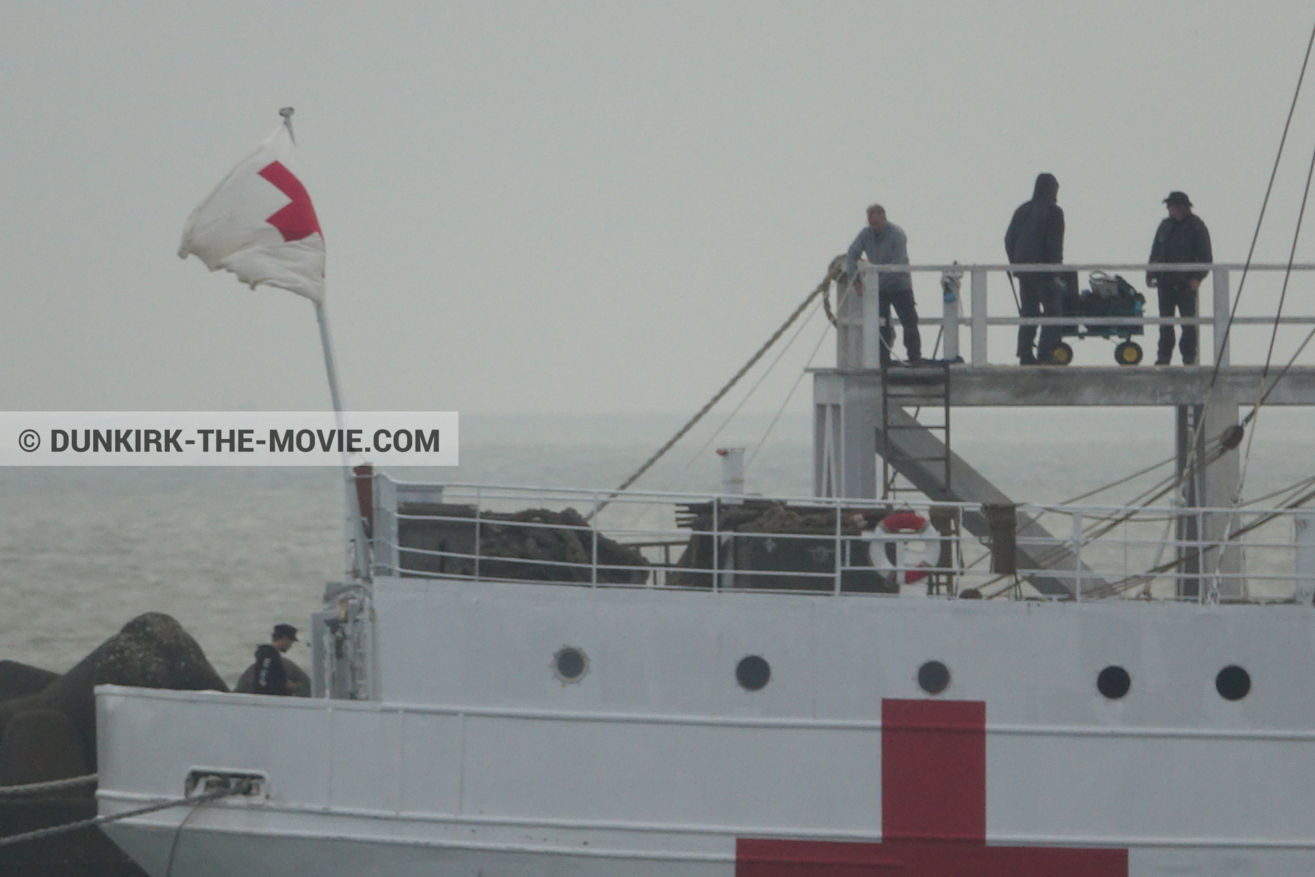 Picture with grey sky, EST pier, technical team, M/S Rogaland,  from behind the scene of the Dunkirk movie by Nolan