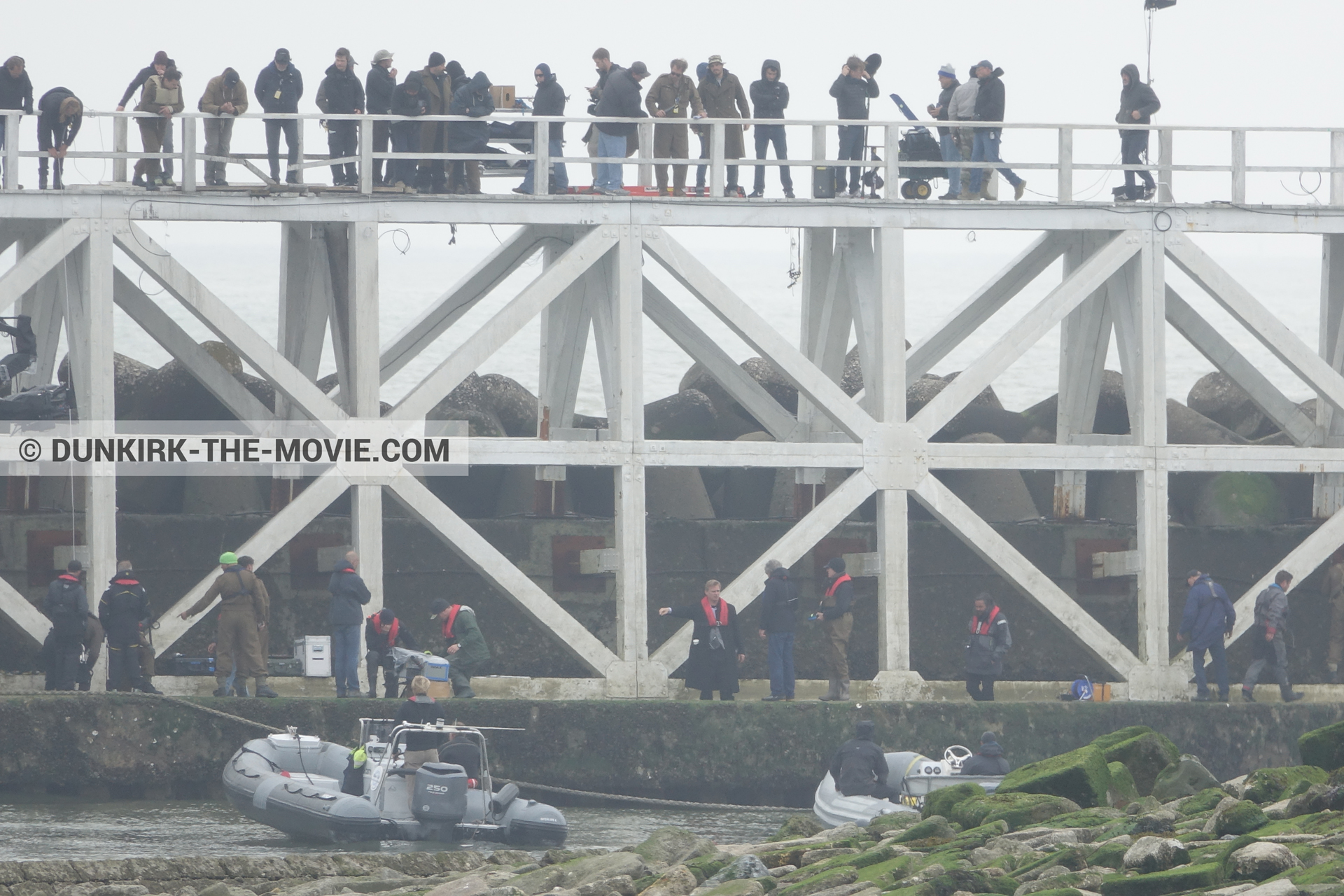 Picture with EST pier, technical team, inflatable dinghy, Nilo Otero,  from behind the scene of the Dunkirk movie by Nolan