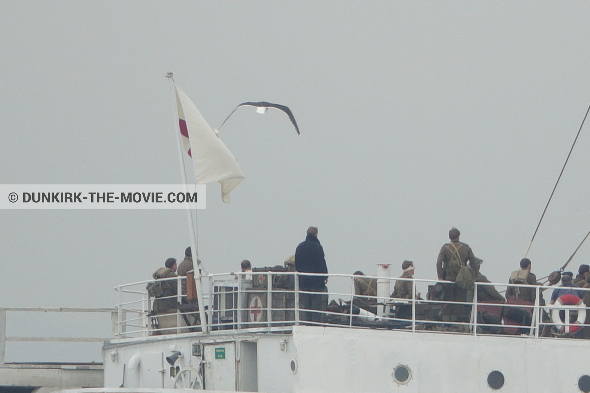 Picture with grey sky, supernumeraries, EST pier, technical team, M/S Rogaland,  from behind the scene of the Dunkirk movie by Nolan