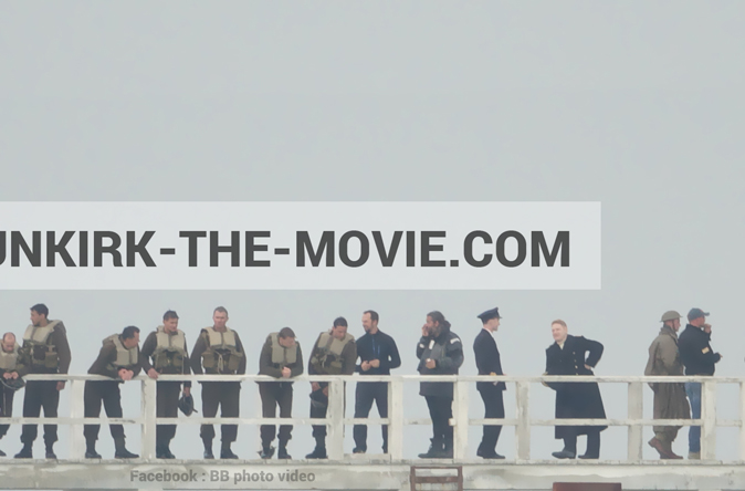 Picture with actor, grey sky, supernumeraries, Hoyte van Hoytema, EST pier, Kenneth Branagh, technical team,  from behind the scene of the Dunkirk movie by Nolan