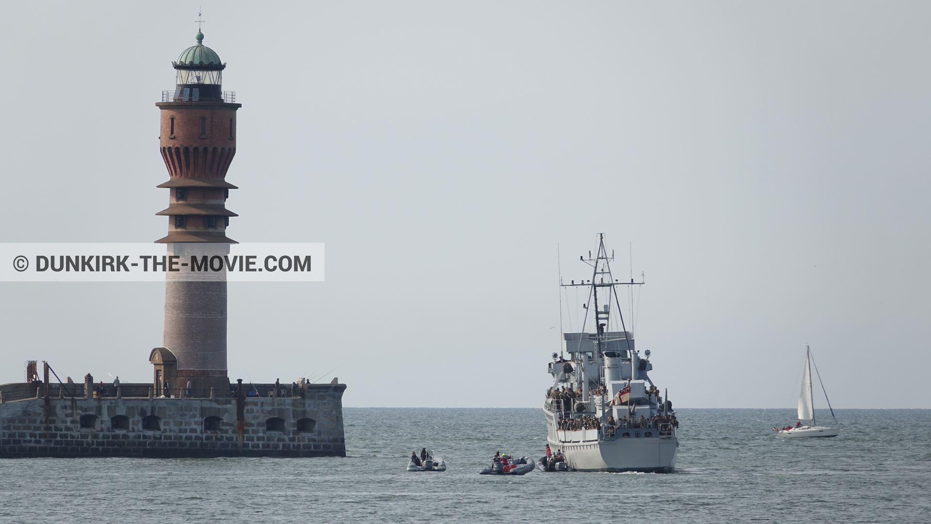 Picture with boat, F34 - Hr.Ms. Sittard, St Pol sur Mer lighthouse, inflatable dinghy,  from behind the scene of the Dunkirk movie by Nolan