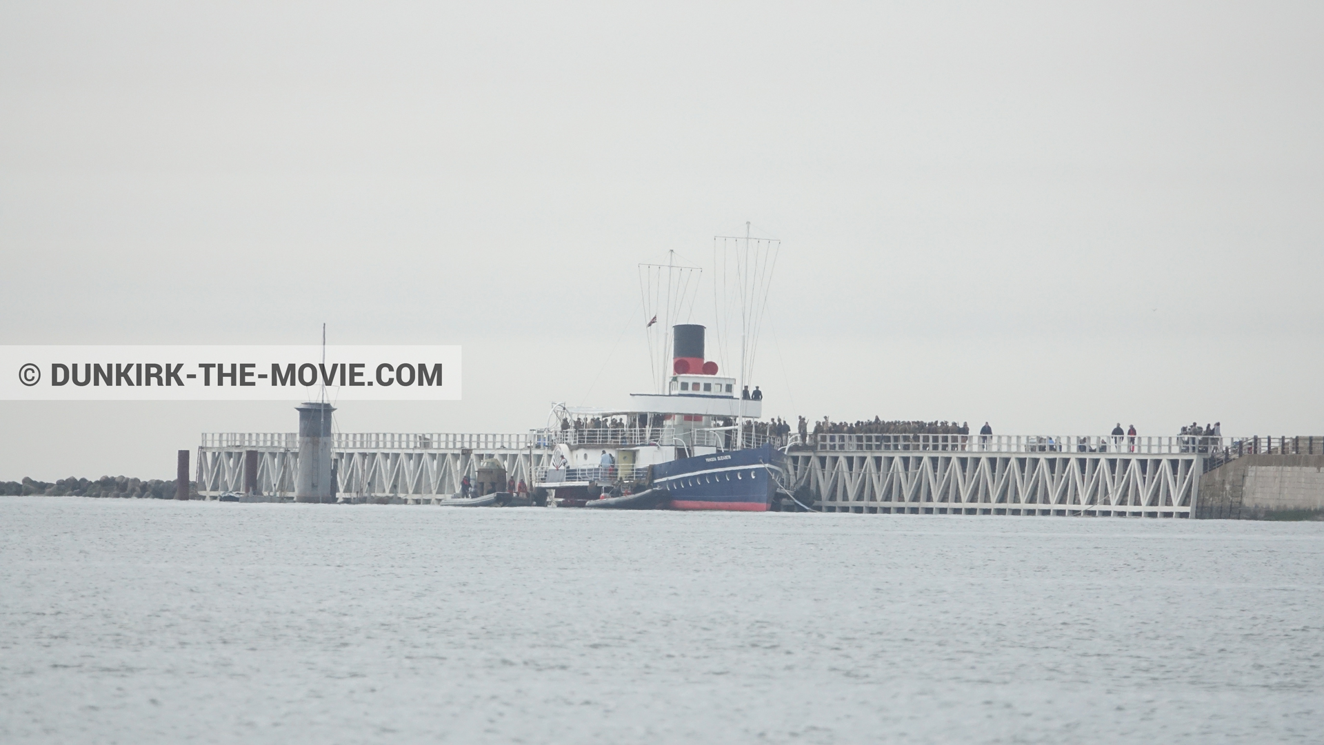 Picture with grey sky, calm sea, Princess Elizabeth,  from behind the scene of the Dunkirk movie by Nolan