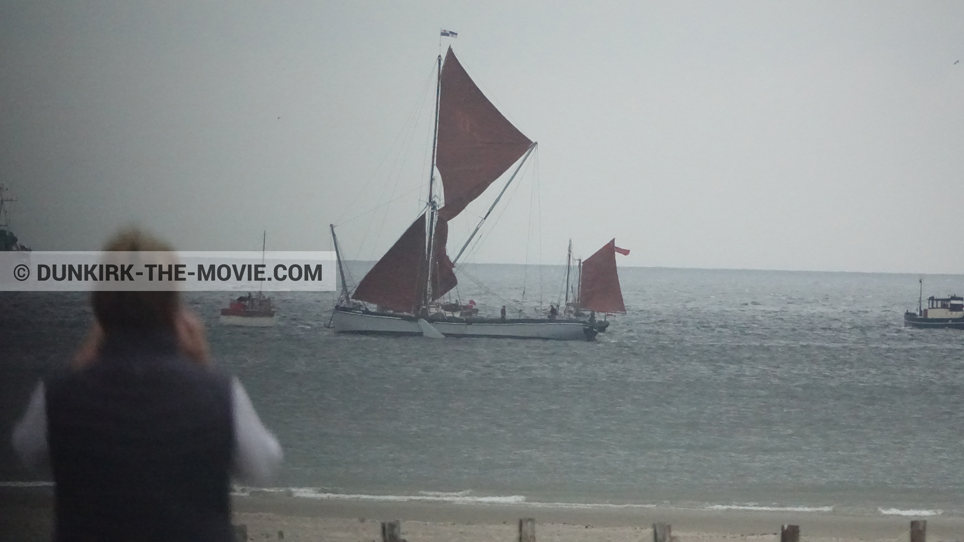 Picture with boat, grey sky, Xylonite,  from behind the scene of the Dunkirk movie by Nolan