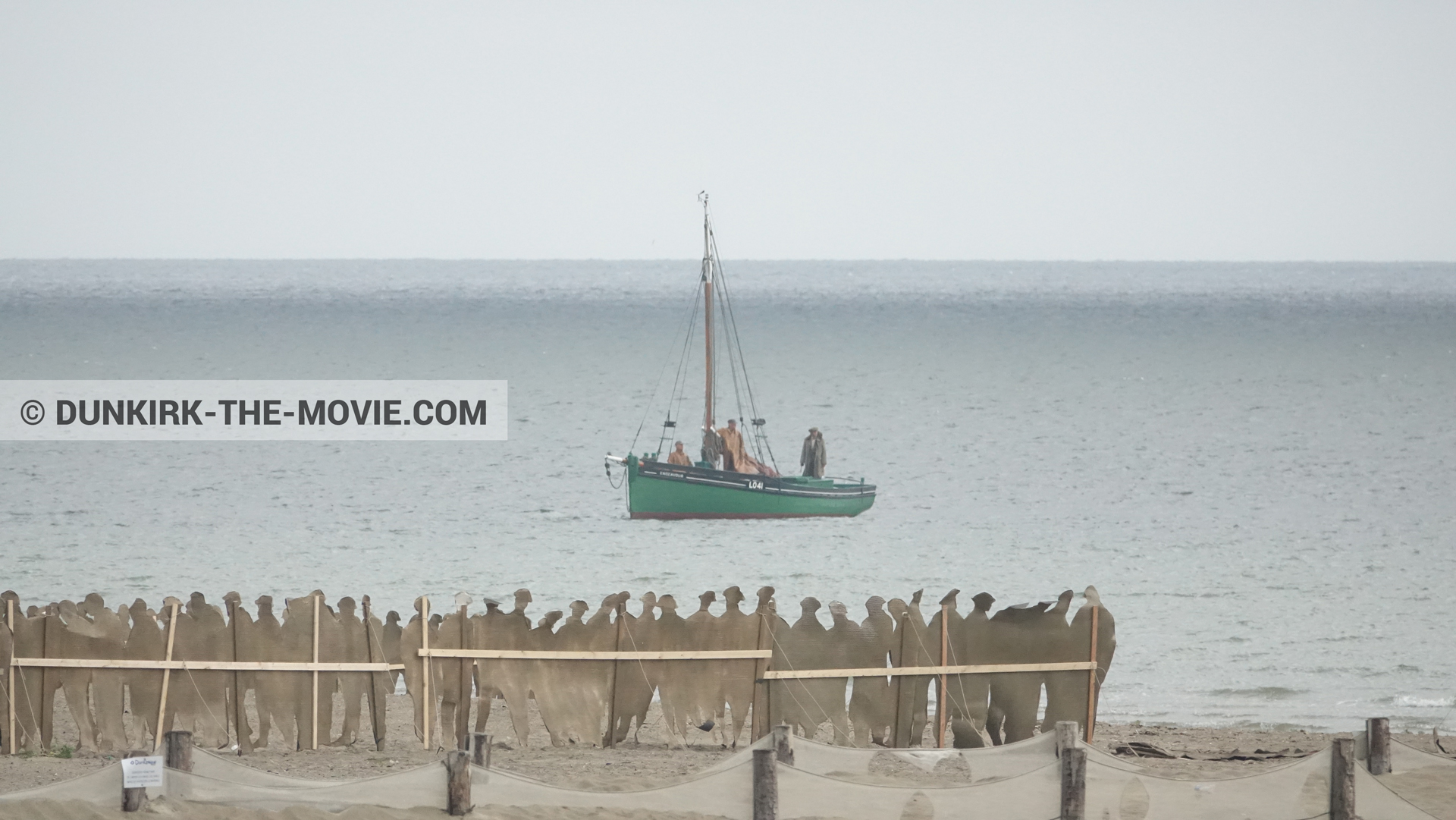 Picture with boat, decor, beach,  from behind the scene of the Dunkirk movie by Nolan