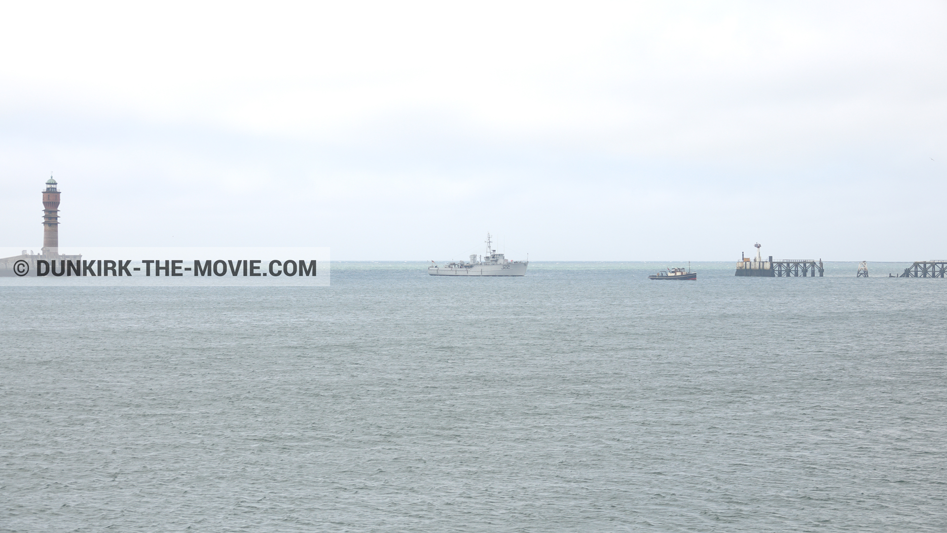 Picture with boat, J22 -Hr.Ms. Naaldwijk, St Pol sur Mer lighthouse,  from behind the scene of the Dunkirk movie by Nolan