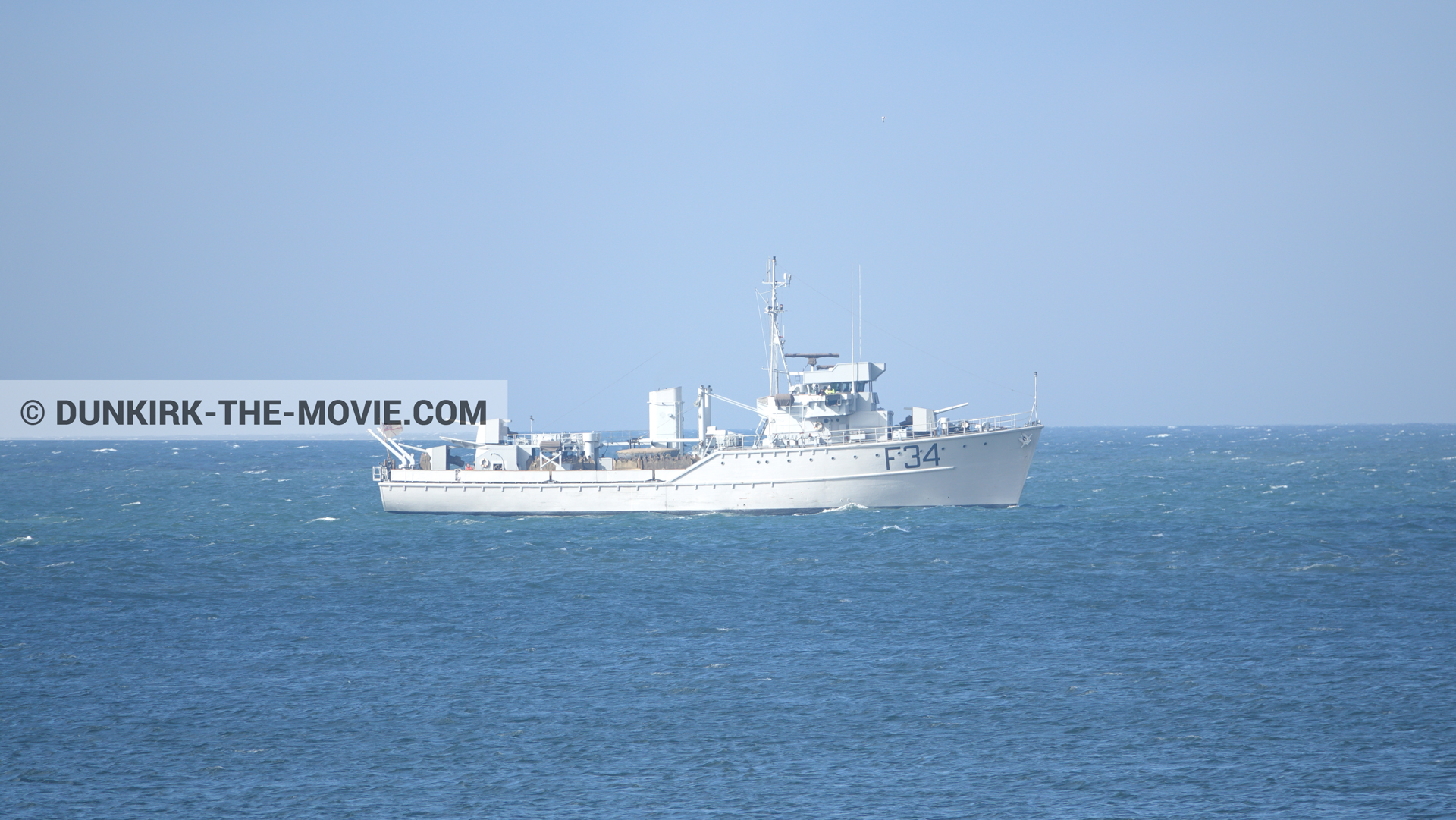 Picture with blue sky, F34 - Hr.Ms. Sittard, calm sea,  from behind the scene of the Dunkirk movie by Nolan