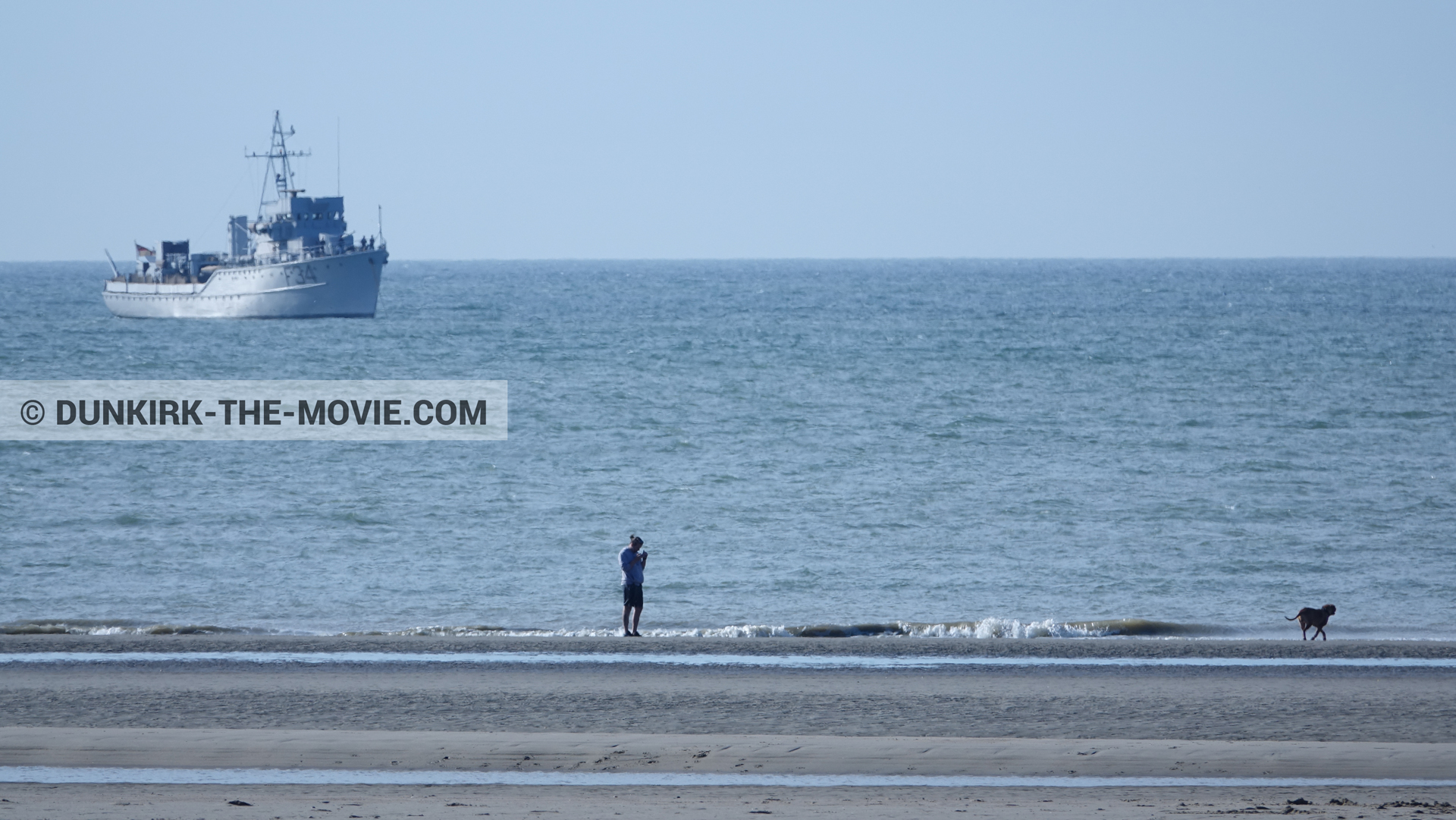 Picture with blue sky, F34 - Hr.Ms. Sittard, beach,  from behind the scene of the Dunkirk movie by Nolan