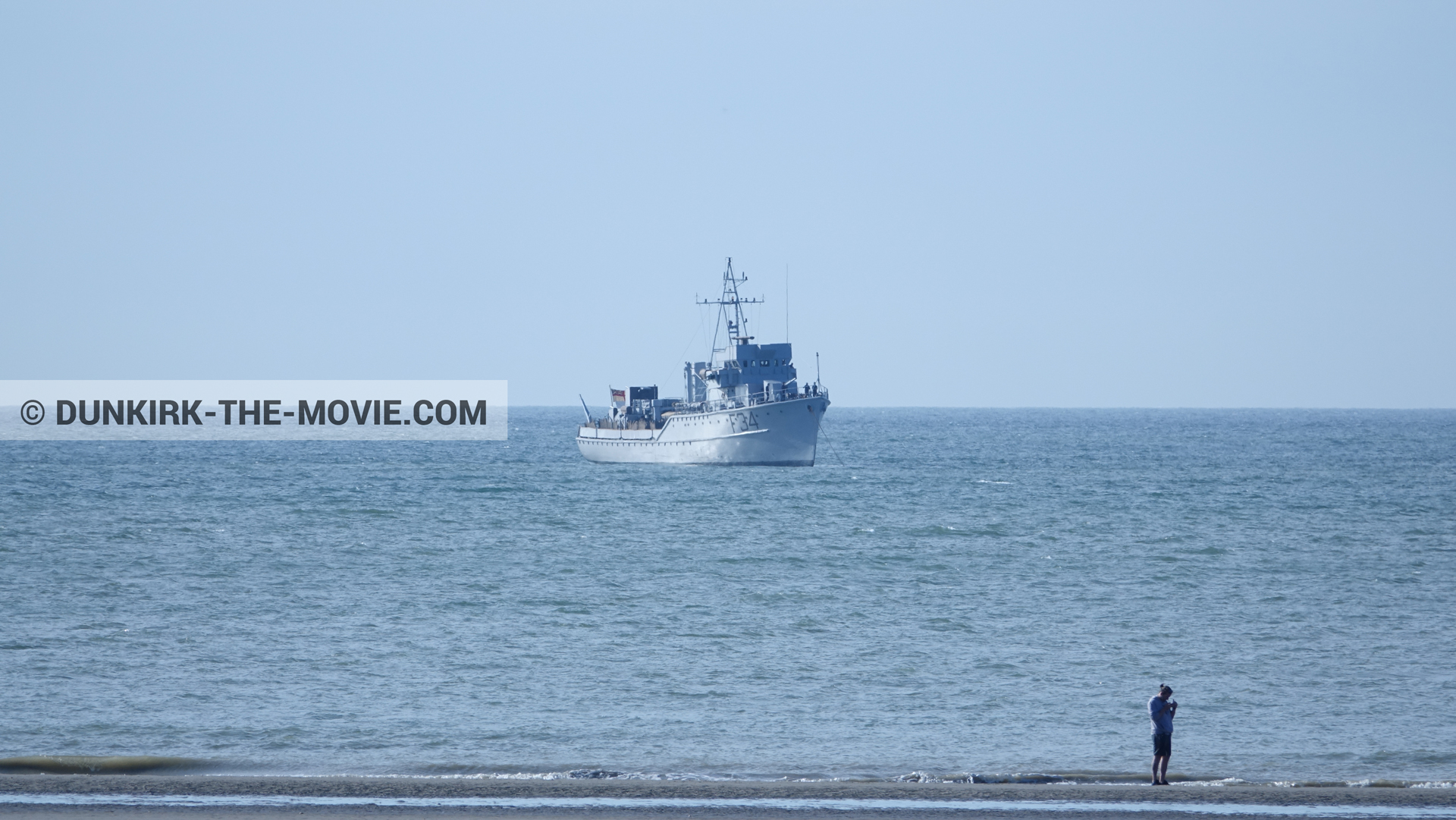 Picture with blue sky, F34 - Hr.Ms. Sittard, beach,  from behind the scene of the Dunkirk movie by Nolan