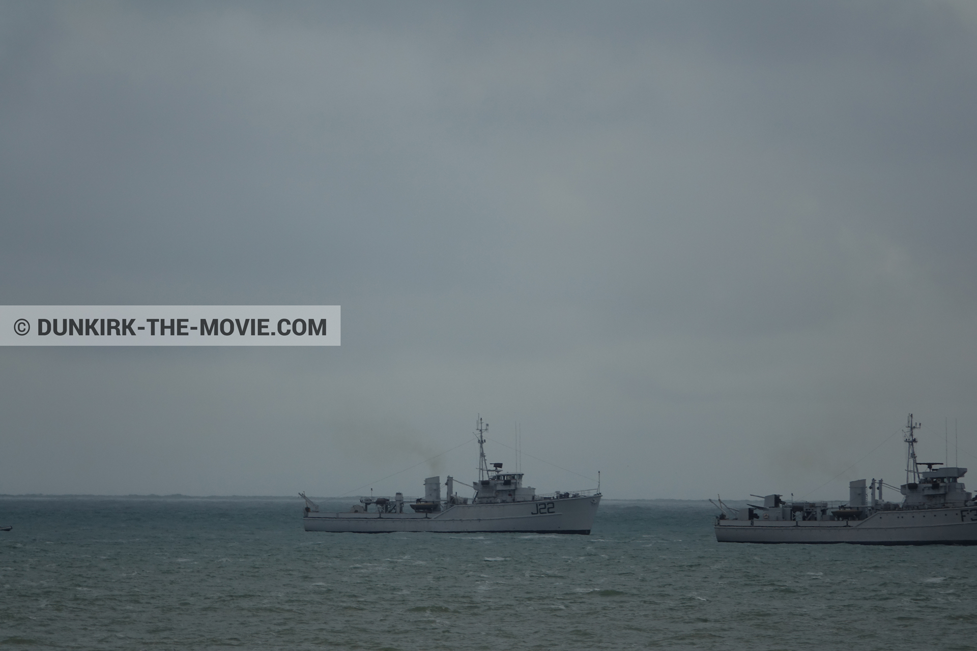 Picture with grey sky, F34 - Hr.Ms. Sittard, J22 -Hr.Ms. Naaldwijk, calm sea,  from behind the scene of the Dunkirk movie by Nolan