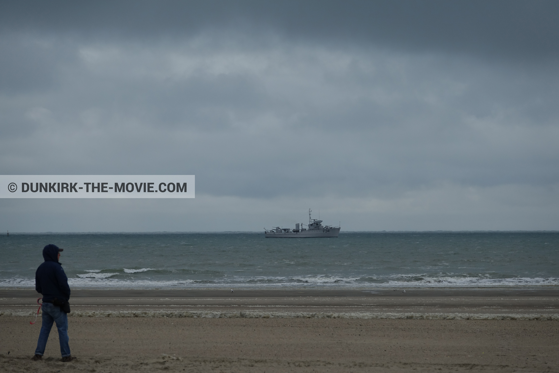 Picture with boat, cloudy sky, F34 - Hr.Ms. Sittard, beach, technical team,  from behind the scene of the Dunkirk movie by Nolan