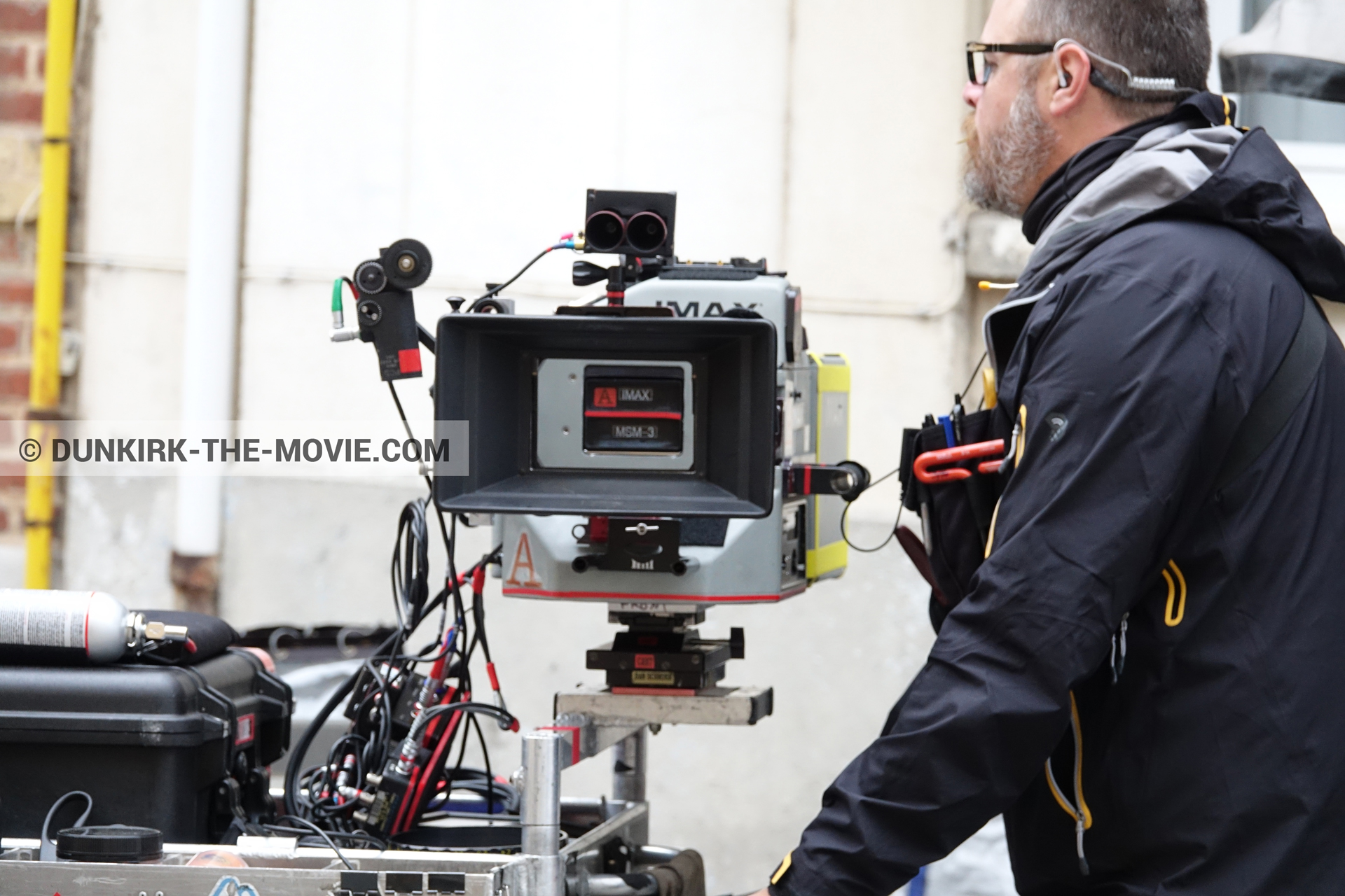Picture with IMAX camera, technical team,  from behind the scene of the Dunkirk movie by Nolan