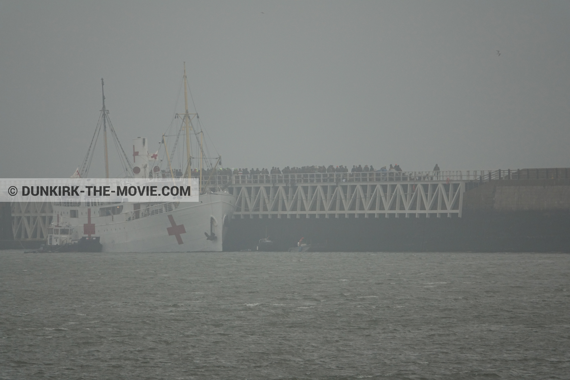 Picture with grey sky, supernumeraries, EST pier, M/S Rogaland,  from behind the scene of the Dunkirk movie by Nolan