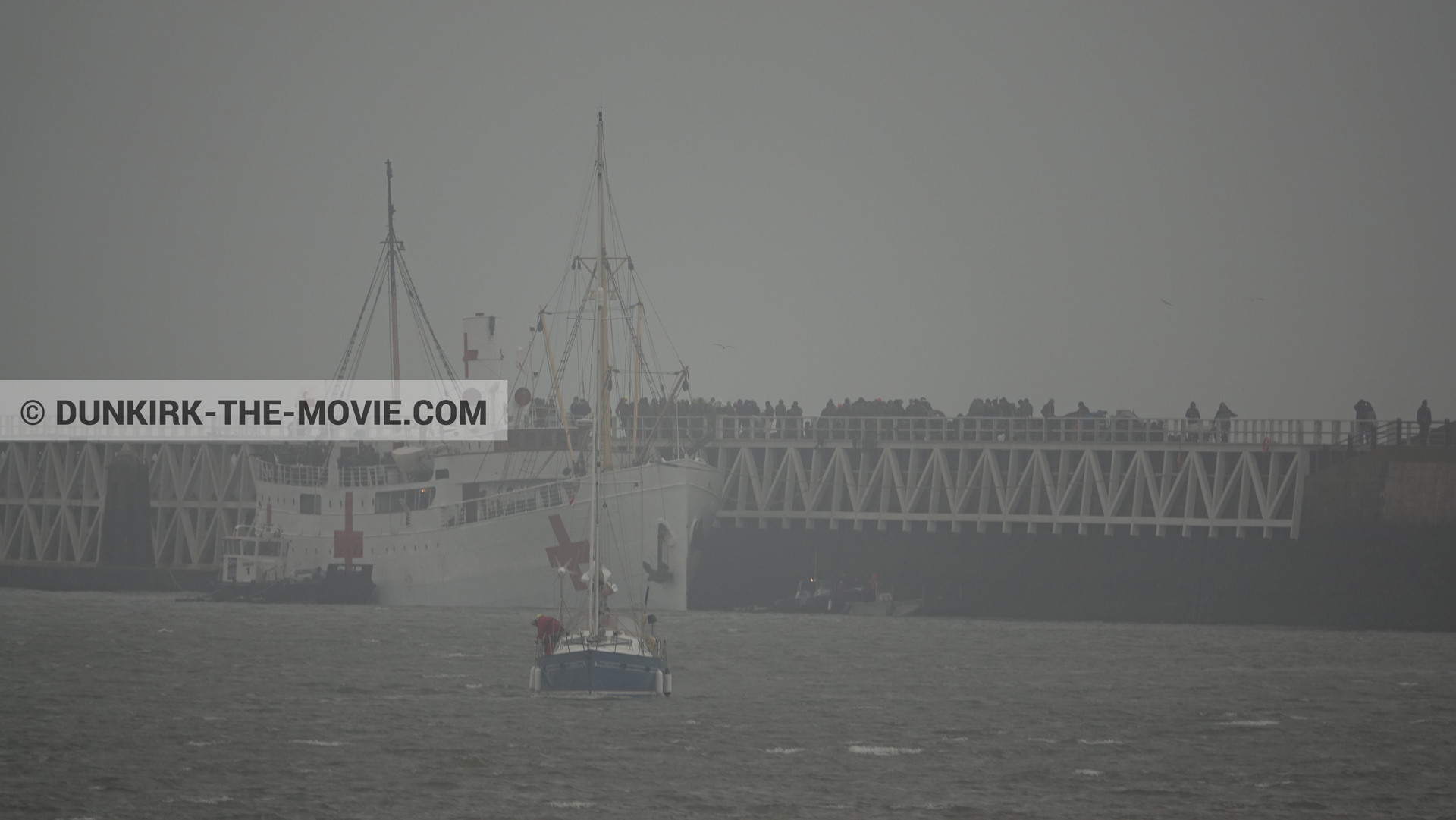 Picture with boat, grey sky, EST pier, M/S Rogaland,  from behind the scene of the Dunkirk movie by Nolan