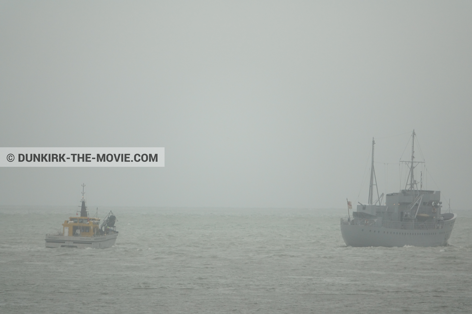Picture with boat, grey sky, H11 - MLV Castor, calm sea, Ocean Wind 4,  from behind the scene of the Dunkirk movie by Nolan