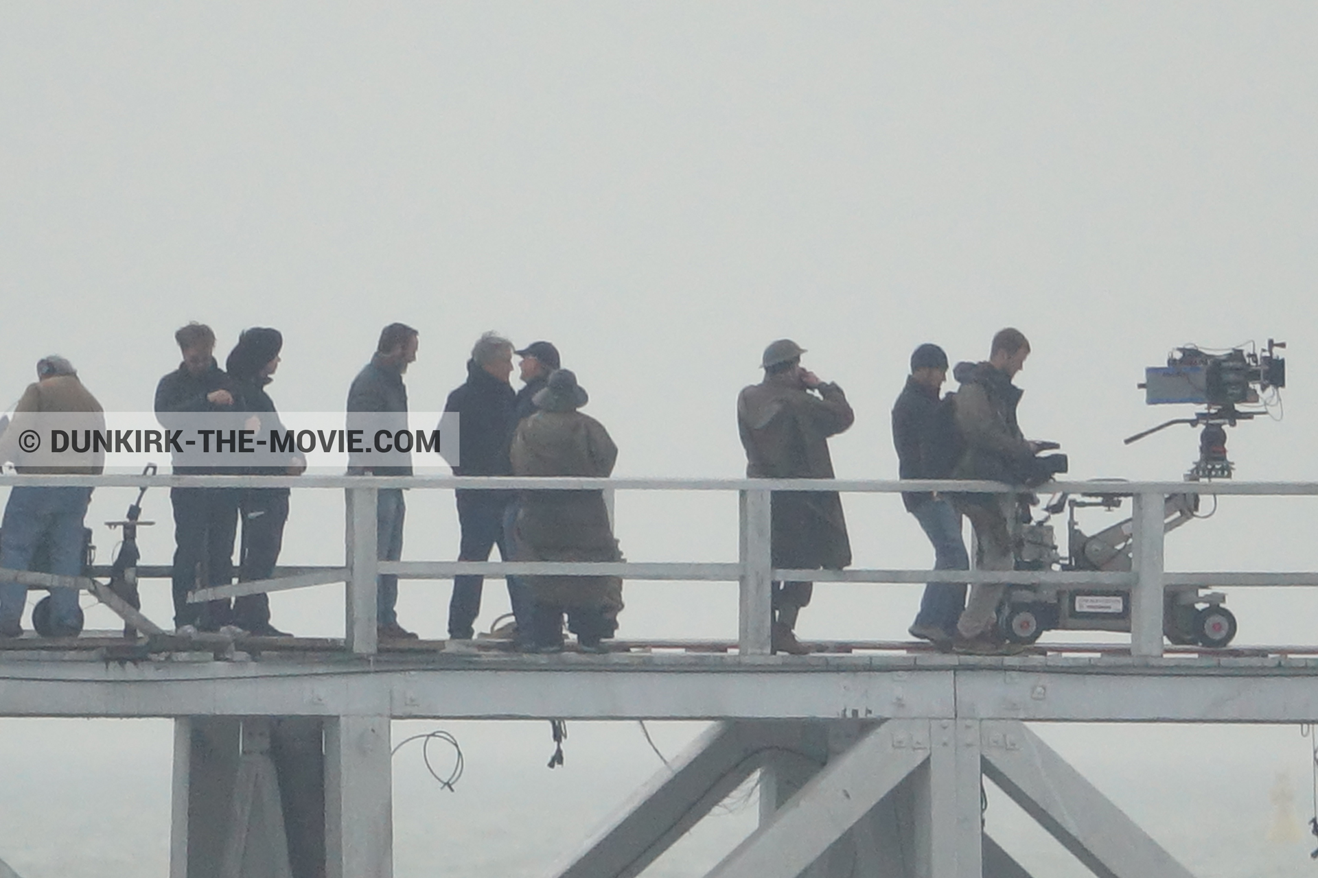 Picture with IMAX camera, grey sky, EST pier, technical team, Nilo Otero,  from behind the scene of the Dunkirk movie by Nolan