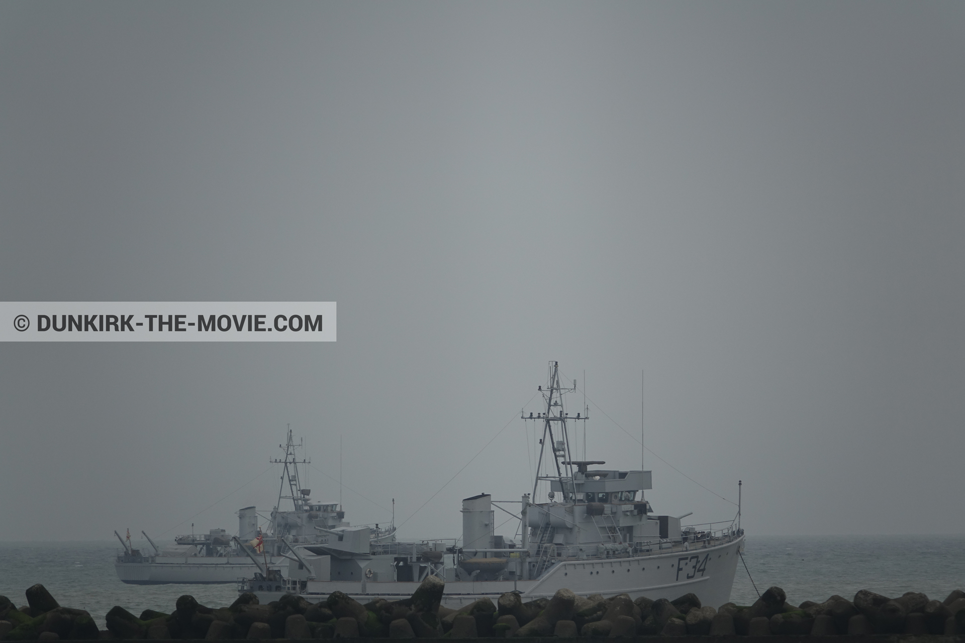 Picture with boat, grey sky, F34 - Hr.Ms. Sittard,  from behind the scene of the Dunkirk movie by Nolan
