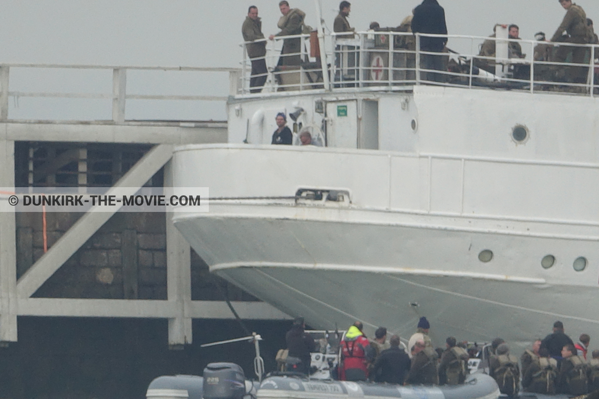 Picture with grey sky, supernumeraries, EST pier, technical team, inflatable dinghy, M/S Rogaland,  from behind the scene of the Dunkirk movie by Nolan