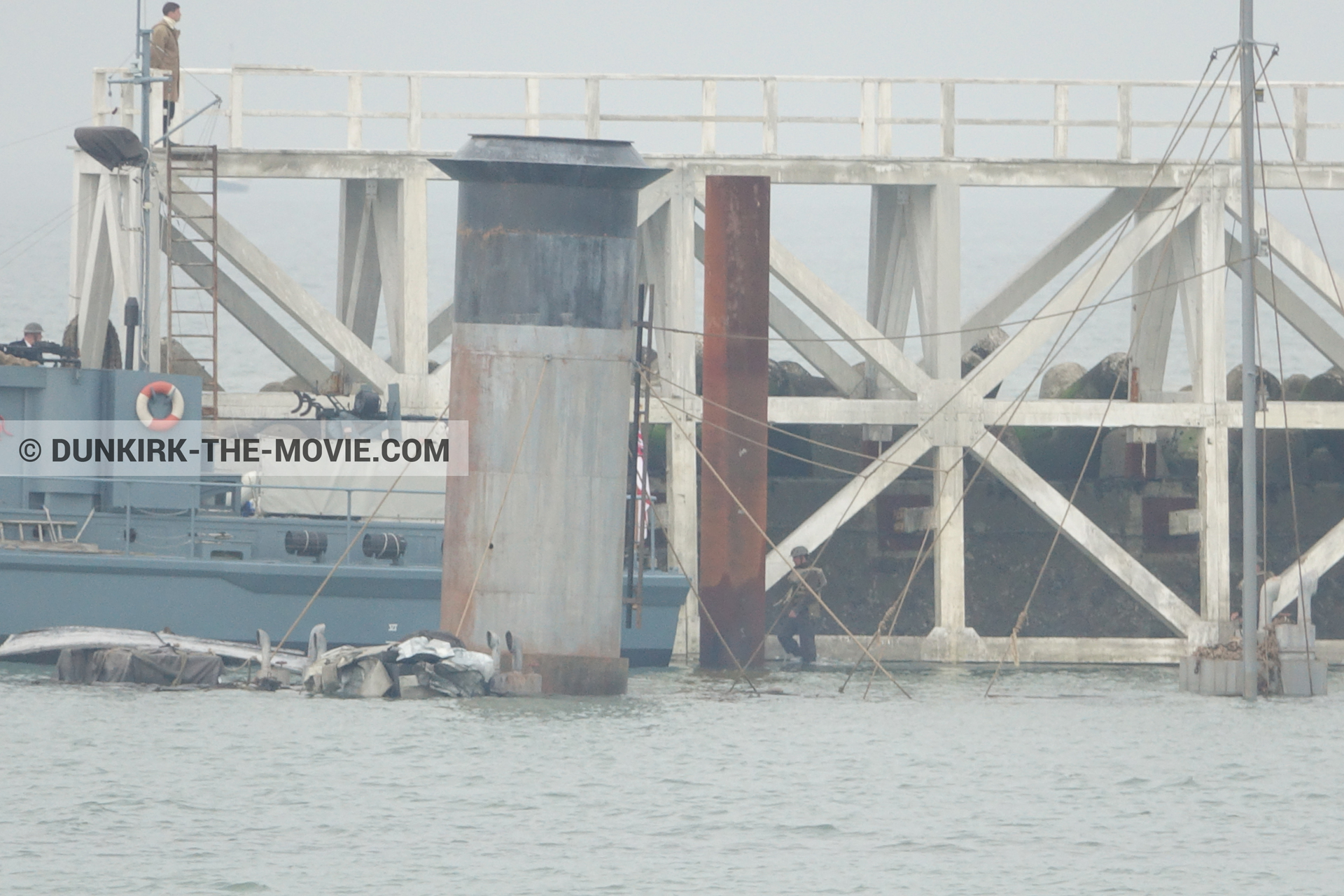 Picture with grey sky, decor, HMS Medusa - ML1387, EST pier,  from behind the scene of the Dunkirk movie by Nolan