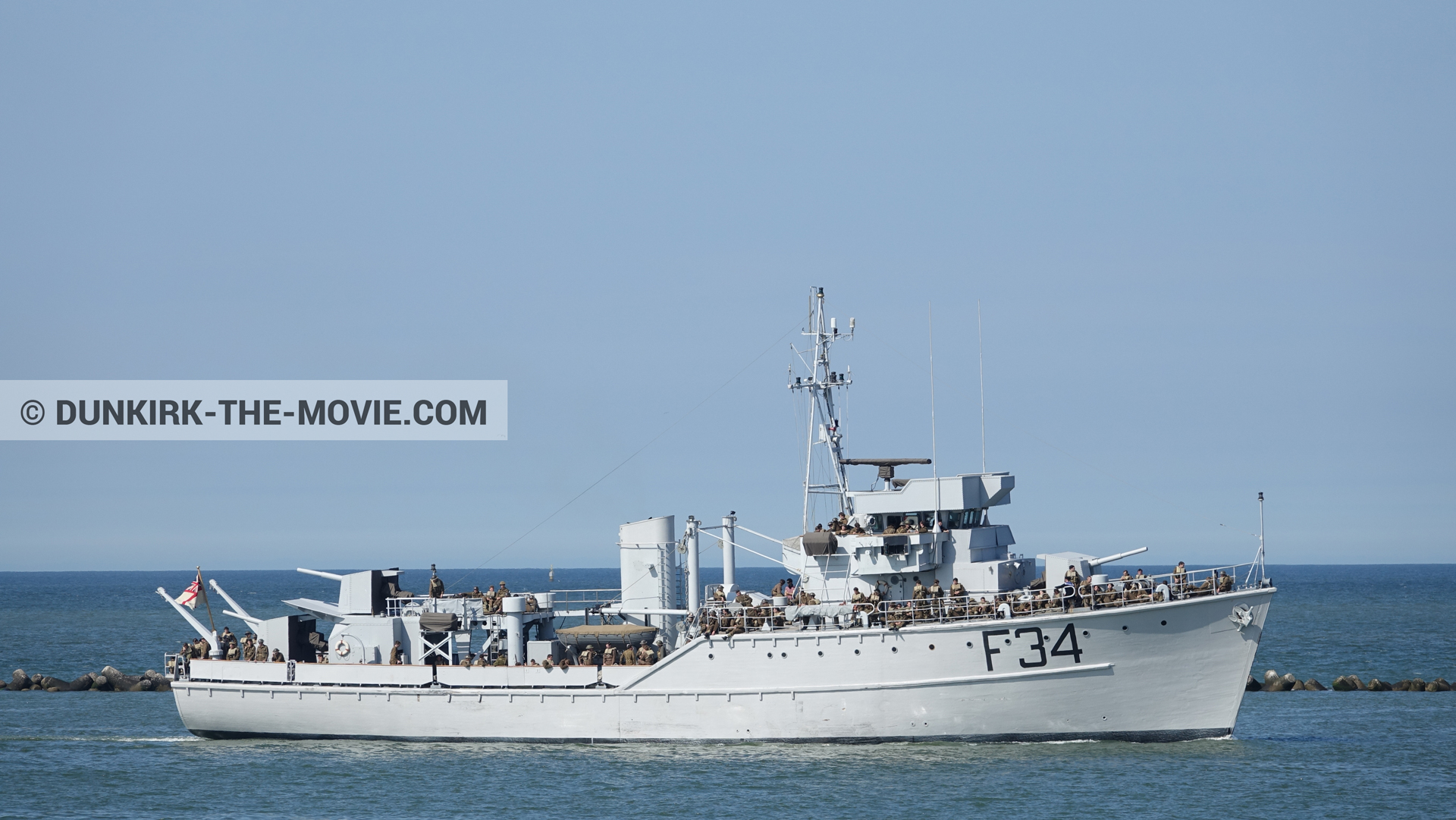 Picture with blue sky, F34 - Hr.Ms. Sittard, calm sea,  from behind the scene of the Dunkirk movie by Nolan