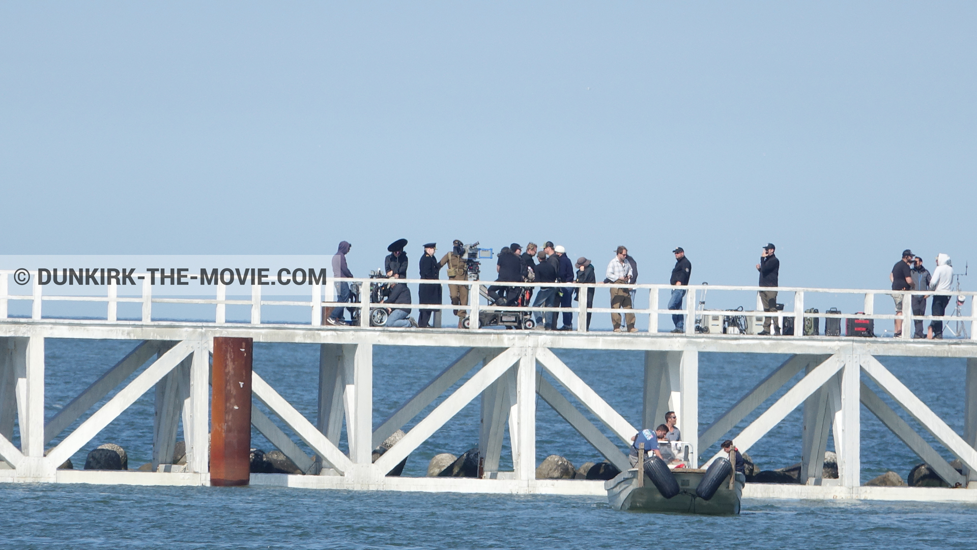Picture with actor, IMAX camera, blue sky, EST pier, Kenneth Branagh, Christopher Nolan, technical team, inflatable dinghy,  from behind the scene of the Dunkirk movie by Nolan