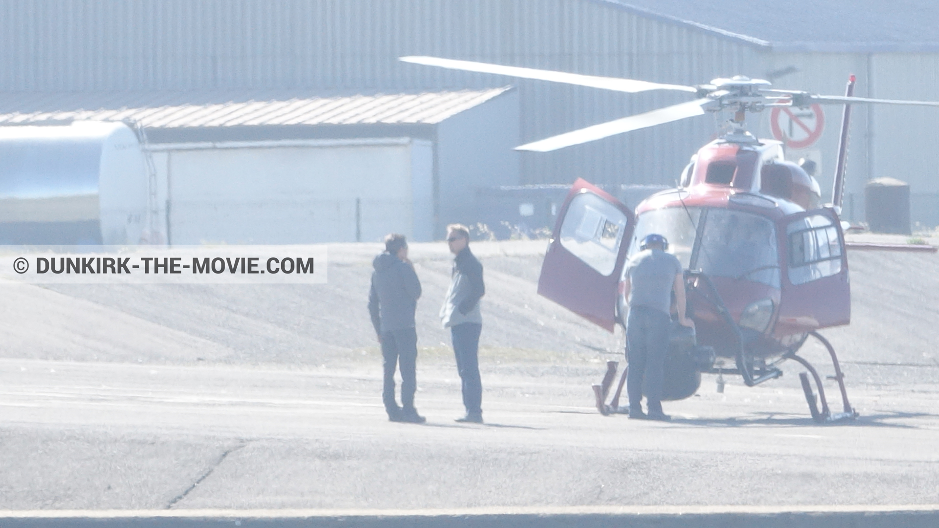 Picture with helicopter camera, technical team,  from behind the scene of the Dunkirk movie by Nolan