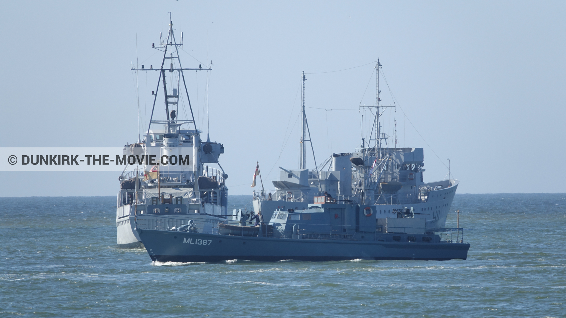 Picture with boat, blue sky, HMS Medusa - ML1387, calm sea,  from behind the scene of the Dunkirk movie by Nolan