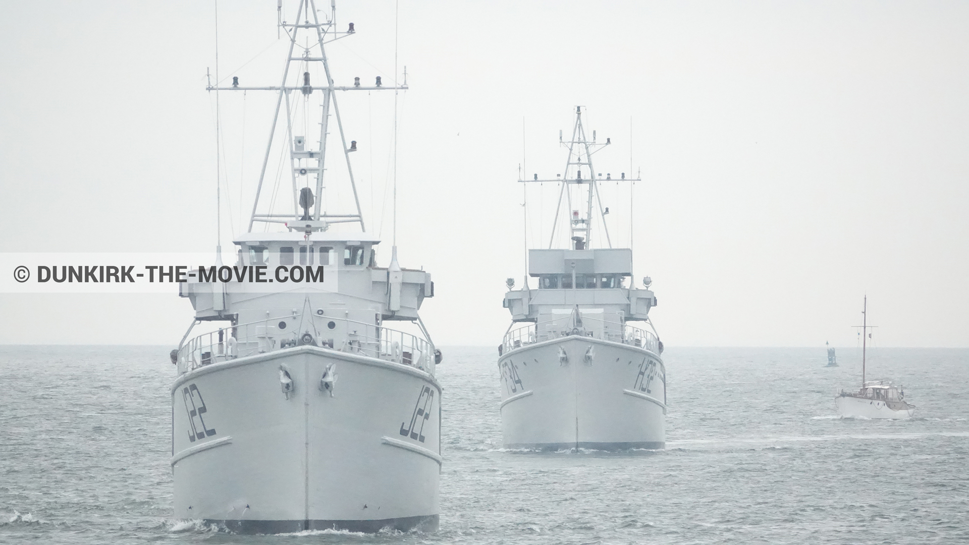 Picture with boat, F34 - Hr.Ms. Sittard, H32 - Hr.Ms. Sittard, J22 -Hr.Ms. Naaldwijk, calm sea,  from behind the scene of the Dunkirk movie by Nolan
