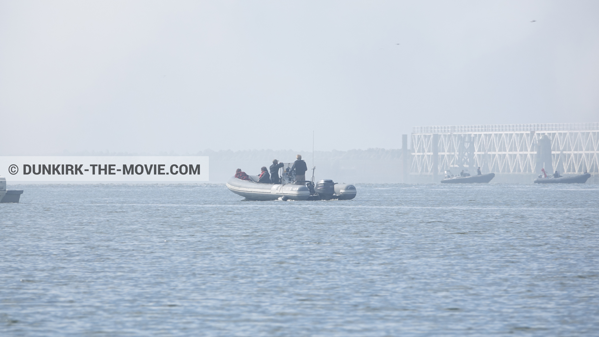Picture with white smoke, EST pier, inflatable dinghy,  from behind the scene of the Dunkirk movie by Nolan